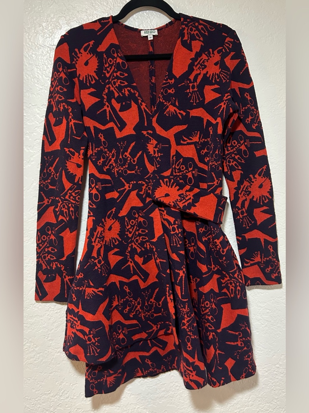Kenzo Paris Red & Black V-Neck Jacquard Sweater Dress w Cool Pattern and Pocket